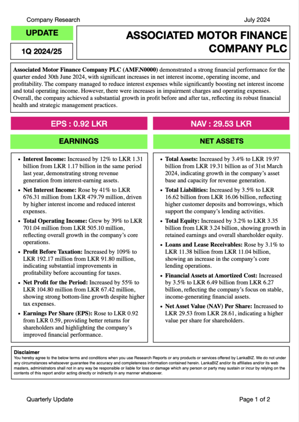 Associated Motor Finance Company PLC (1Q2024/25)