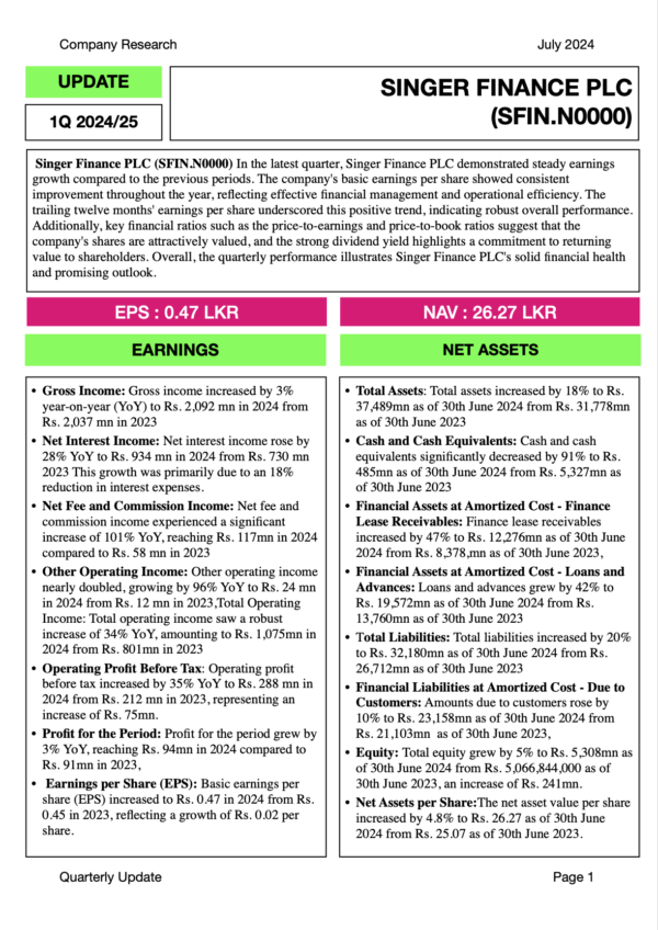 Singer Finance PLC (1Q 2024/25)