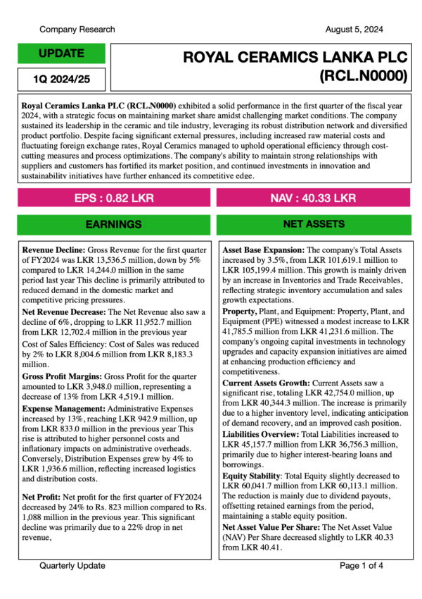 Royal Ceramics Lanka PLC (1Q FY2024/25)