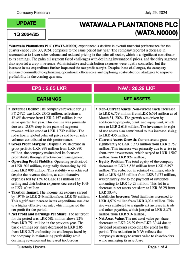 Watawała Plantations PLC (1Q FY2024/25)