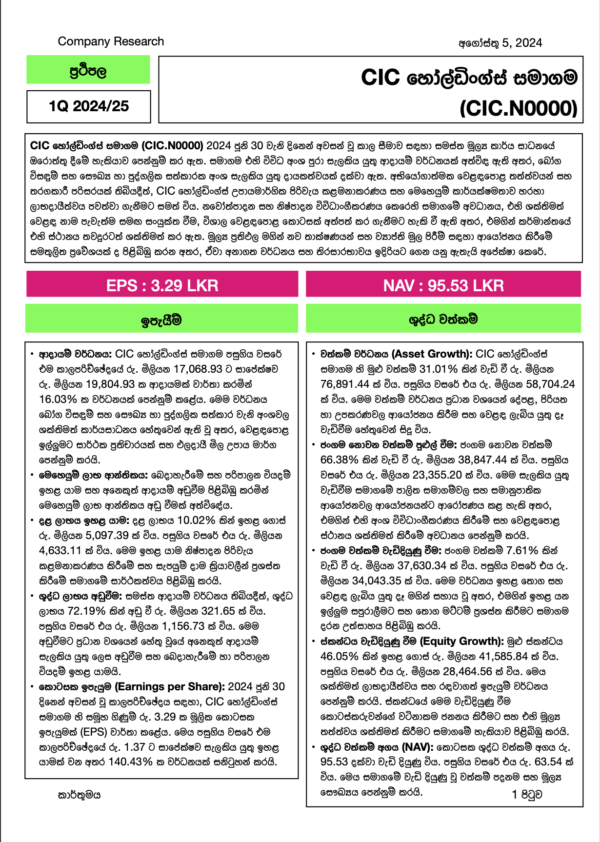 CIC හෝල්ඩිංග්ස් සමාගම (1Q FY2024/25)