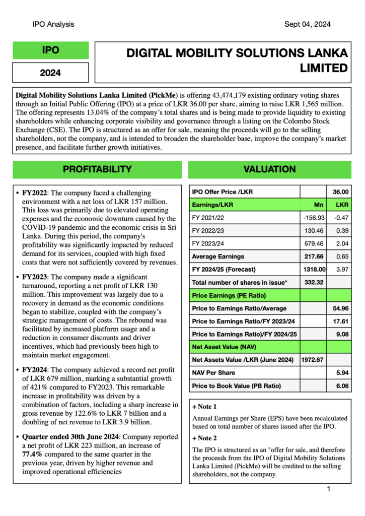 Digital Mobility Solutions Lanka Limited (PickMe) IPO