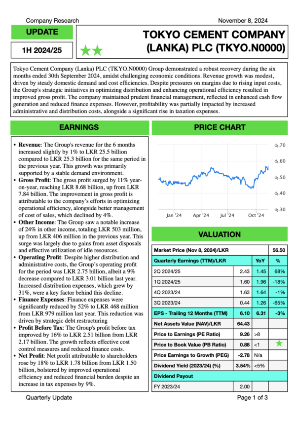 Tokyo Cement Company (Lanka) PLC (1H 2024/25)