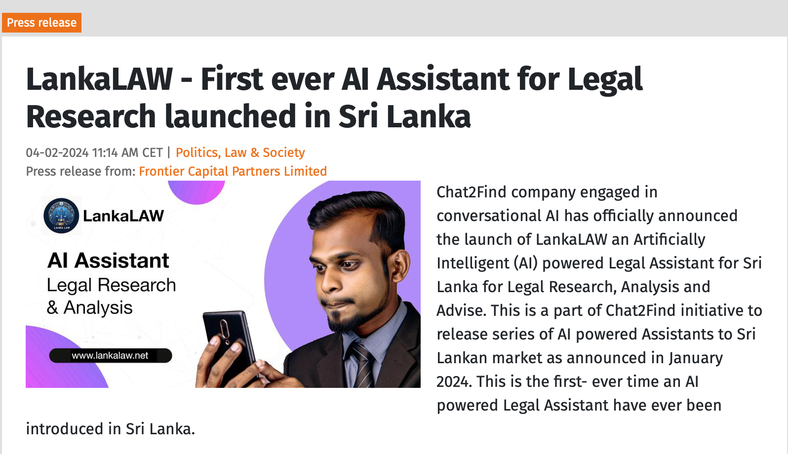 LankaLAW Sri Lanka’s First-ever AI for law despite false claims by Competitors