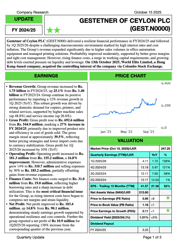 Gestetner of Ceylon PLC - Update (October 2025)